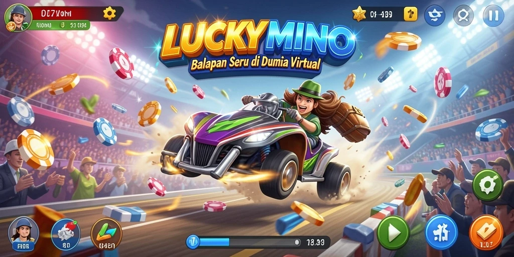 Gameplay LUCKYMINO yang menampilkan aksi balapan yang mendebarkan.