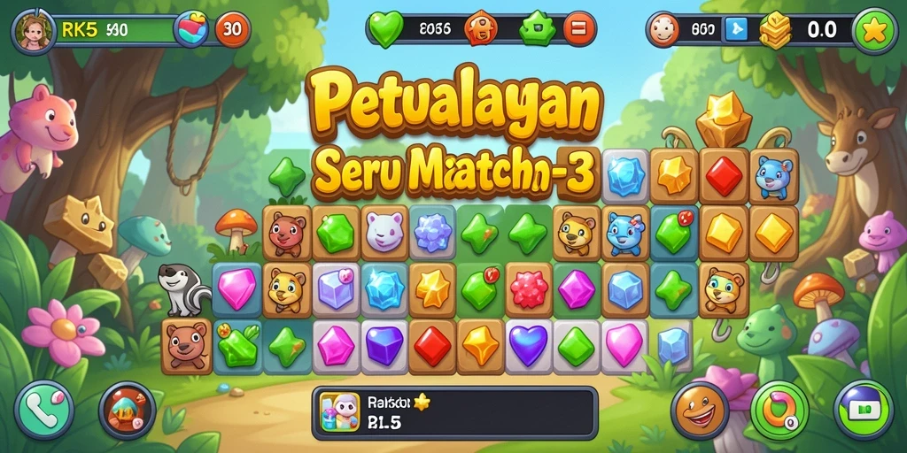 Tampilan gameplay RK55 dengan kombinasi permata yang cerah.