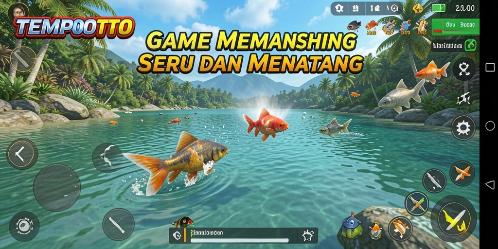 Gameplay TEMPOTOTO menampilkan aksi memancing yang seru dan mendebarkan.